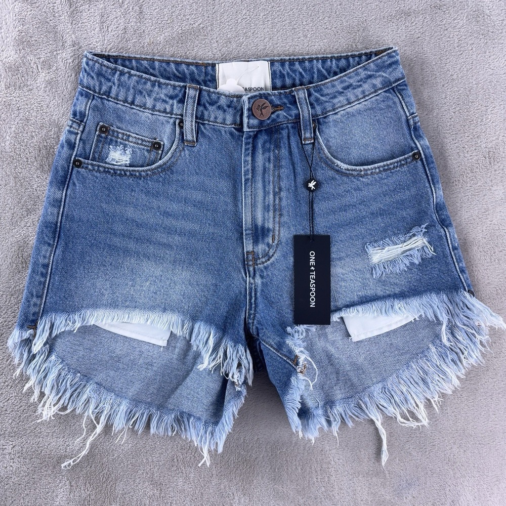 One Teaspoon High Waist Bonitas Denim Shorts Womens Size 25 Blue Wash Distressed